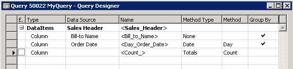 Query Designer showing a date method